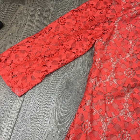 Jessica Howard All Over Lace Overlay Shift Dress 3/4 Sleeve Coral Orange Size 16 - Picture 3 of 7